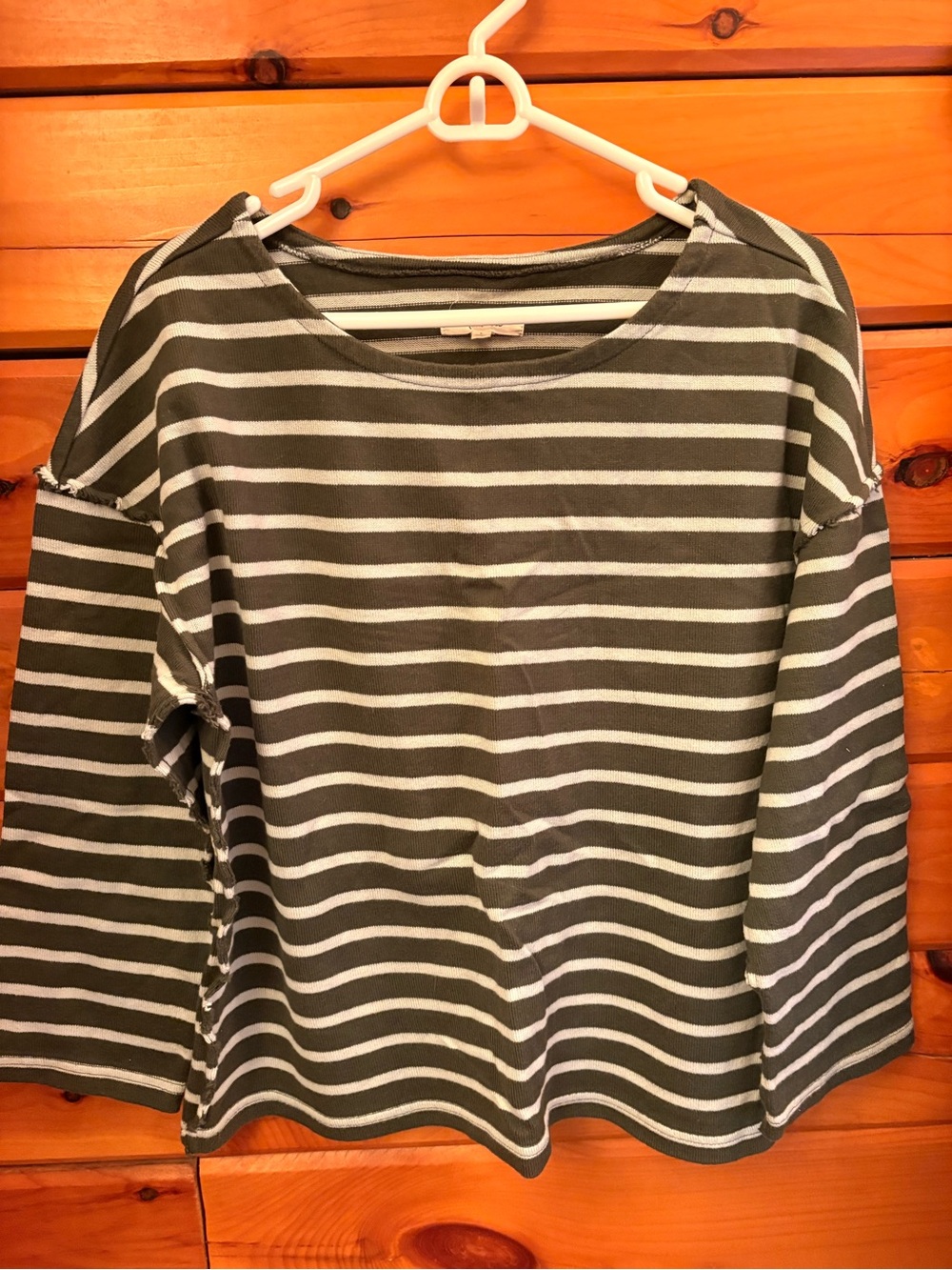 Striped Long-Sleeve Scoop Neck Top - Olive and Blue